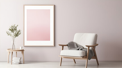 a pink chair is placed against a backdrop of a floral pattern and a soft pink rug on the floor ,. the soft pastel skies add a touch of tranquility to the overall composition