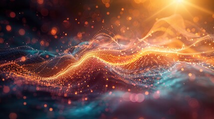 An abstract graphic of quantum wave functions interacting, creating a visually striking representation of quantum mechanics.