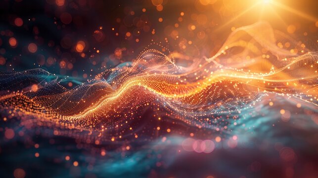 An abstract graphic of quantum wave functions interacting, creating a visually striking representation of quantum mechanics.