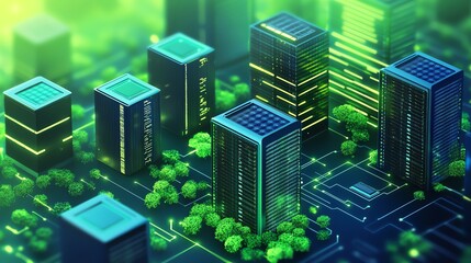 Futuristic city with glowing buildings and circuit board.