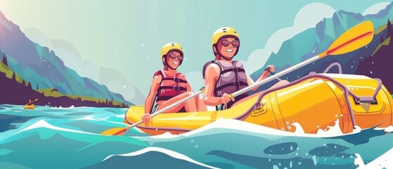 Obraz premium Cartoon shows 2 people, man and woman, in yellow raft with helmets and life jackets, enjoying sunny river rafting with mountains and forested area in background.