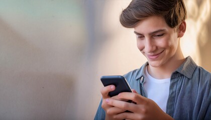 Fototapeta premium Teenager smiling and using a smartphone, symbolizing youth, technology, and social interaction.