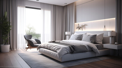 Modern Scandinavian style with Window View decorated with Concrete and Glass material ,The minimal wooden floor bedroom interior with sunlight and mountain view