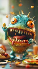 A silly green monster with big eyes, sharp teeth, and a red tongue is surrounded by junk food. A chaotic scene with a window in the background adds to the humor.