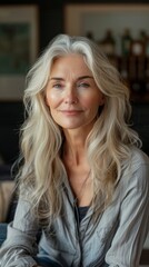 Fototapeta premium Middle-aged woman with long white hair, blue eyes, smiling in a gray shirt. Peaceful background hints at warmth and positivity, possibly celebration.