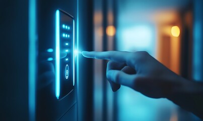 Close-Up of Hand Activating a Smart Home Security Panel with LED Lights