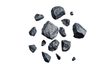 A collection of various dark rocks scattered, showcasing unique textures and shapes, ideal for backgrounds or natural themes.