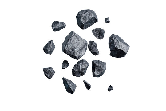 A collection of various dark rocks scattered, showcasing unique textures and shapes, ideal for backgrounds or natural themes.