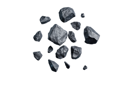 A collection of various dark rocks scattered, showcasing unique textures and shapes, ideal for backgrounds or natural themes.