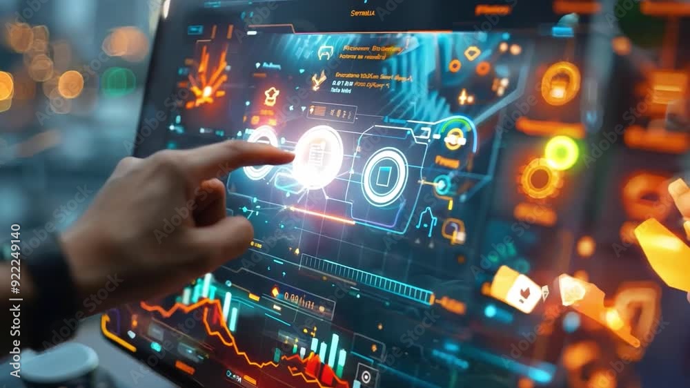 Poster a person interacts with a futuristic digital interface displaying data and analytics in an office du