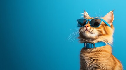 A stylish orange cat wearing blue sunglasses, looking confidently against a vibrant blue background. Perfect for pet lovers.