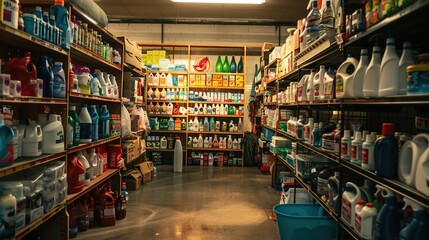 Fototapeta premium A brightly lit store room with floor-to-ceiling shelves packed with various household items and cleaning supplies.