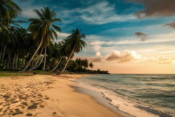 Obraz premium Tropical sandy ocean beach with palm trees vintage toned with film distress flare coconut island golden yellow sand wild nature sunrise retro summer vacation background in calmness paradise climate.