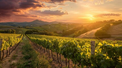 Fototapeta premium A stunning view of a vineyard during sunset with rows of lush grape vines stretching into the horizon surrounded by rolling hills and a vibrant sky.