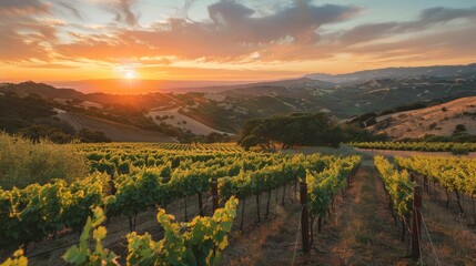 Naklejka premium A breathtaking sunset view showcasing rolling vineyards in the countryside with rows of grape vines illuminated by the fading sunlight under a vibrant sky.