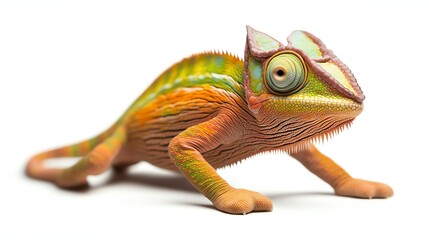 Obraz premium A vibrant chameleon showcasing its colorful skin while climbing, highlighting its unique features and expressive eyes.