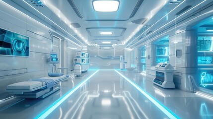 Obraz premium Futuristic hospital interior with advanced medical technology and sleek, illuminated design for modern healthcare environments.