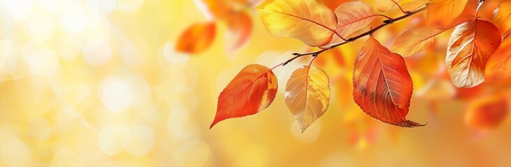 Obraz premium Close-up of vibrant autumn leaves with a blurred background of golden bokeh.