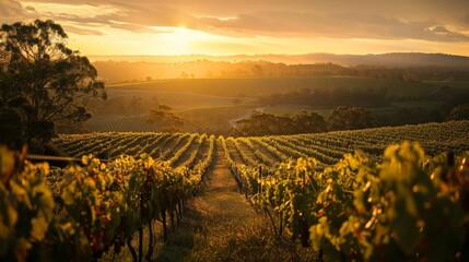 A scenic vineyard path bathed in a radiant evening sunset, leading through rows of lush grapevines, offering a picturesque view that encapsulates the essence of rural beauty.