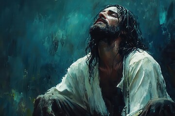 emotive portrayal of jesus praying in moonlit garden of gethsemane dramatic lighting and expressive brushstrokes convey spiritual anguish and divine purpose in artistic rendition