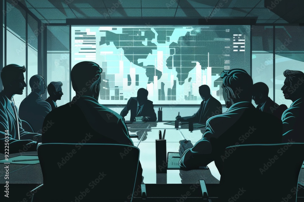 Poster a silhouetted group of business professionals in a conference room, focused on a screen displaying w