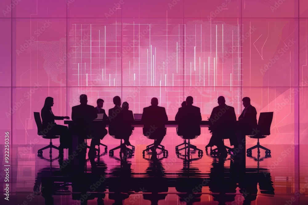 Leinwandbilder a group of people sitting around a table engaged in a business meeting, with a large screen displayi