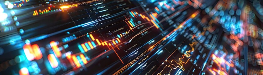 Fototapeta premium Vibrant digital abstract with glowing lines and patterns, representing data, technology, and innovation in a modern environment.