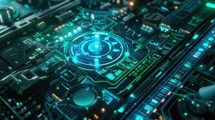 Close-up of a futuristic circuit board with vibrant blue and green lights showcasing advanced technology and intricate details.