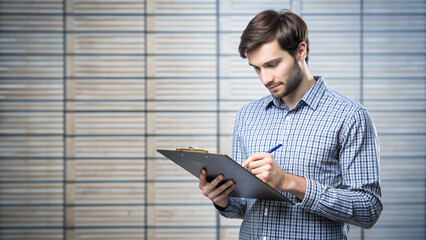 Young Man Reviewing Checklist with Focused Expression