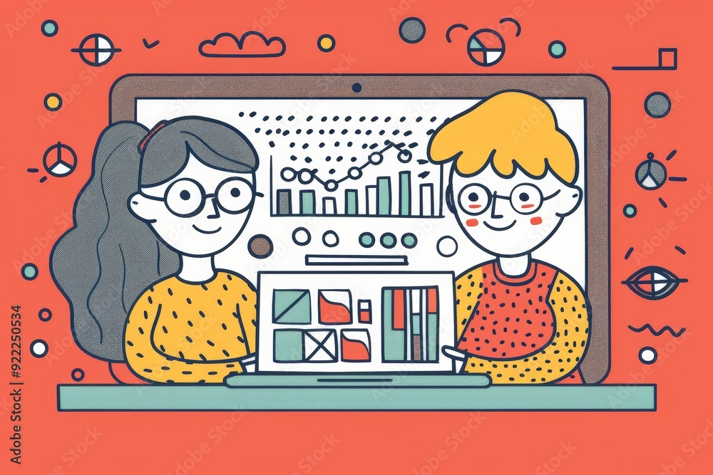 Poster a cartoon-like illustration featuring two individuals studying data charts displayed on a laptop scr