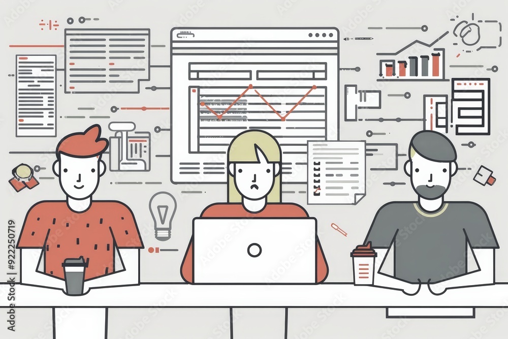 Aufkleber three cartoon-styled characters collaboratively work on a project, using a central laptop surrounded