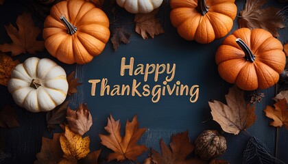 Happy thanksgiving background with pumpkins, dried up leaves and walnuts. Happy thanksgiving flat lay top view