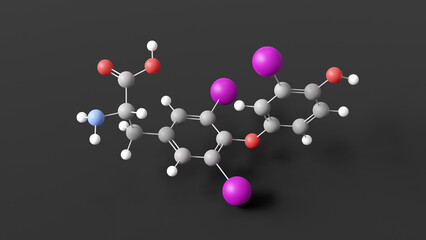 liothyronine molecule 3d, molecular structure, ball and stick model, structural chemical formula triiodothyronine (t3)