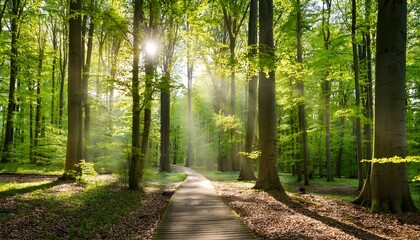 Fototapeta premium Walkway in a green forest with sun ray breaking.