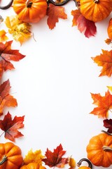 Fototapeta premium Vibrant Autumn Frame with Pumpkins and Leaves on White Background for Text or Images Flat Lay Composition