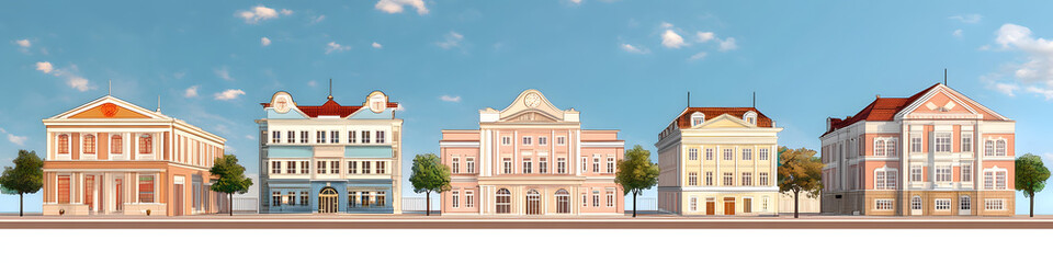 Obraz premium City building illustrations set. Exterior facades of university government school college hotel post office church theatre. Urban infrastructure infographics.