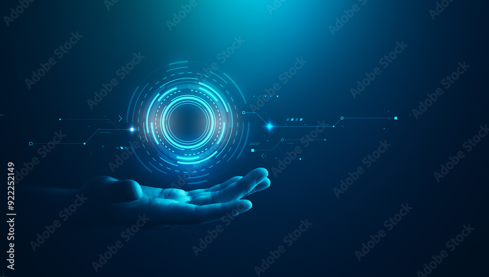 Poster Digital technology artificial intelligence hud computer interface concept tech hand control network science future connection data business background communication cyber futuristic connect ai system.