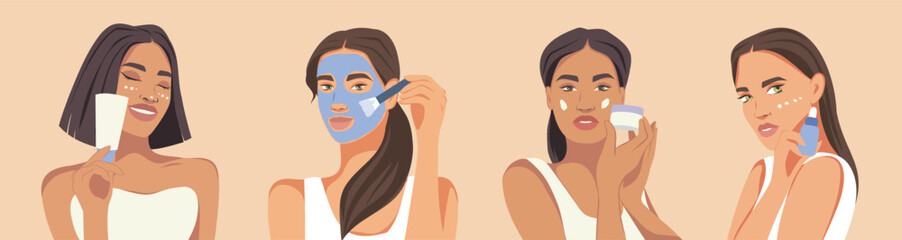 Beautiful women of different skin colors and cultures take care of their skin. Cosmetology, facial care cosmetics, young skin, creams, masks, patches. Vector illustration for website advertising