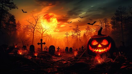 Halloween Jack-o'-lantern in a Graveyard with Red Moon
