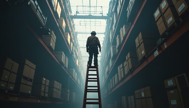 Operaio in cima ad una altissima scala in un immenso magazzino