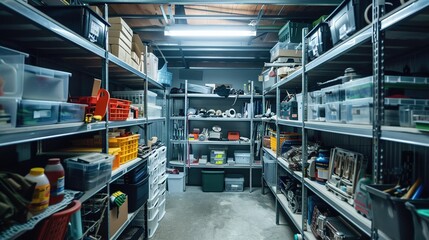 Fototapeta premium A small, narrow store room with metal shelves and plastic containers filled with hardware items.