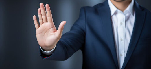 businessman do hand stop sign and warning gestures  , refusal, caution, symbolic communication, preventing subsequent problems,Help Prevent Piracy, Stop Violence.