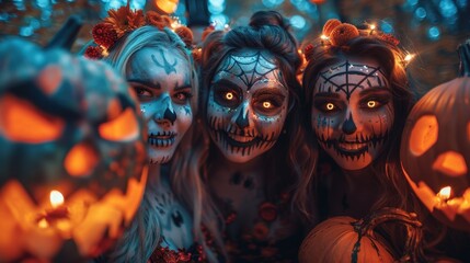 Obraz premium Three Women in Halloween Costumes with Pumpkins