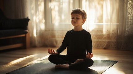 A young boy sitting on a mat in front of the window, AI