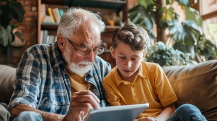 Grandfather and grandson using laptop