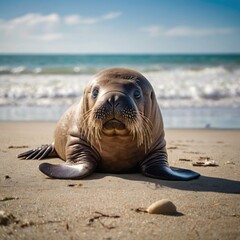 Fototapeta premium baby Walrus Sea animal arctic antarctic mammal on the beach