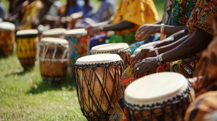 A group of people participates in a lively drumming circle in a colorful park, celebrating togetherness and rhythm under the sun.