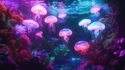 Obraz premium Cosmic aquarium with glowing neon-colored aquatic plants and floating jellyfish, set against a deep space backdrop with galaxies and stars, creating an otherworldly and serene atmosphere. Glow