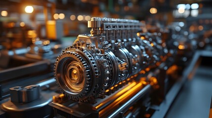 Fototapeta premium Expertly Dismantled Automotive Engine Components in Well Lit Industrial Repair Workshop