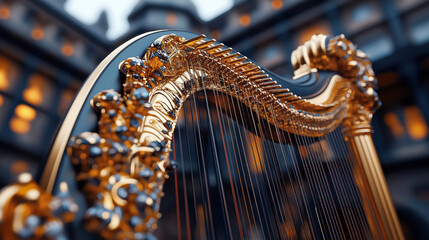 Close-up of an ornate golden harp with detailed carvings, set against a blurred background with bokeh lights.